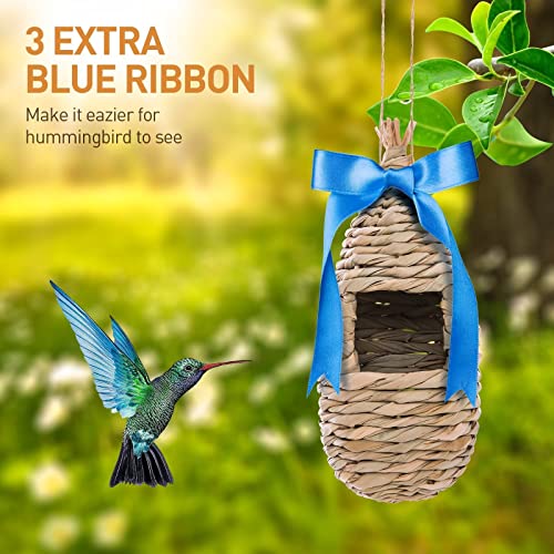 WDEFUN Humming Bird Houses for Outdoor Hanging, Natural Grass Bird Hut,Hand Woven Hummingbird Nest,Wren Finch Bird House for Garden Window Outdoor Home 3 Pack - size: water shape 3 pcs