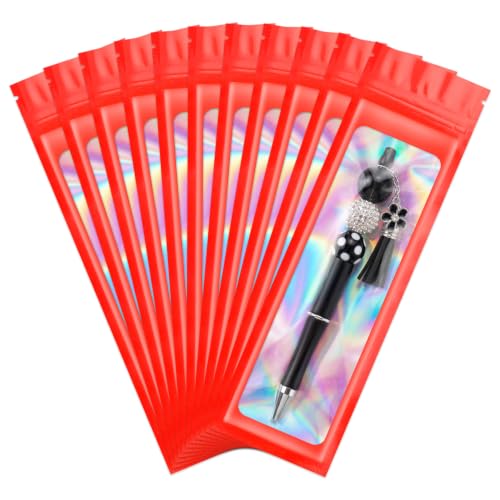 ANZNKU 100 Pcs Holographic Mylar Pen Bags 2.7x9, Red Pen Sleeve Sealable | Beadable Pencil Pouch with Clear Window, Resealable Plastic Zip Baggies, Small Business Jewelry Sample Candy Favor Packaging - color: Red, size: 2.7 x 9 Inch