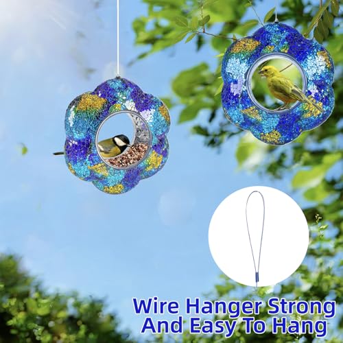 VOREEN Mosaic Glass Bird Feeder, Handcrafted Hanging Fly-Through Feeder for Outdoor Garden & Backyard, Blue Flower Mosaic Style - color: Blue Flower