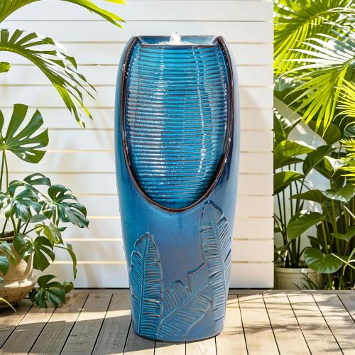 Autodaya 33" H Ceramic Jar Outdoor Water Fountain, Banana Leaf-Texture | Artisan High-Fired Glaze, Warm Ambient LED Lighting, Upgraded Pump, Soothing Cascading Water Feature For Garden Patio Yard - color: 32"h-leaf Pattern Teal Blue Glaze