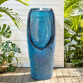 Autodaya 33" H Ceramic Jar Outdoor Water Fountain, Banana Leaf-Texture | Artisan High-Fired Glaze, Warm Ambient LED Lighting, Upgraded Pump, Soothing Cascading Water Feature For Garden Patio Yard - color: 32"h-leaf Pattern Teal Blue Glaze