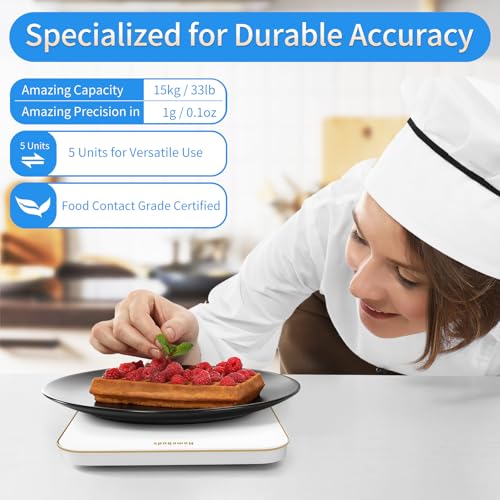 Homebuds 33lb Digital Food Scale Grams and Ounces in 1g, High Precision Assured by Kitchen Scale Professional Factory Since 2001, Gram Scale for Cooking and Baking, LED, 3*AAA, White by Golden Line - color: white