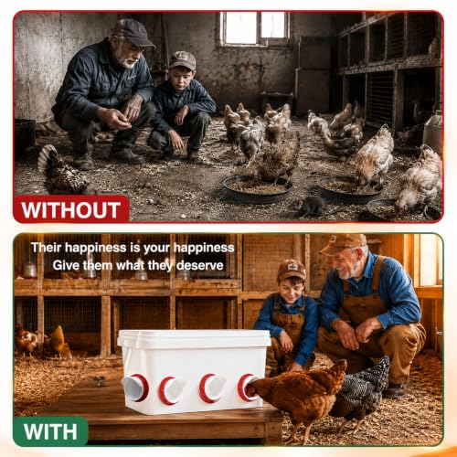 Chicken Feeder Port Kit, 6 Ports No Waste Automatic Chicken Feeder Cups with Rainproof Covers, 3.15" Hole Saw, DIY Gravity Poultry Feeder for Buckets, Barrels, Bins & Troughs