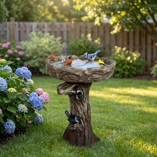 watnature 23” Tall Fibre Reinforced Concrete Birdbaths with Birds for Patio, Woodland Tree Trunk Decorative Outdoor Bird Bath for Garden，Pedestal Birdbaths for Outdoors, Garden, Patio, Lawn, Backyard - color: Faux Wood With Bird, size: 17.7dia. x 23H