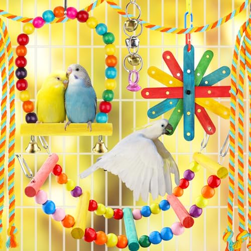 QUOZUO 8 pcs Bird Toys for Parakeets with Colorful Ladder Hammock Bird Cage Accessories Bird Perch Stand Chewing Toys Hanging Bell Parrot