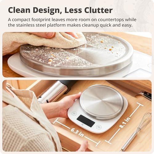 Greater Goods Digital Kitchen Scale for Baking, Sourdough, 11lb Capacity | Weigh Flour, Sugar & Batter in g, oz, ml or fl oz, Tap to Tare, Hold Function & Auto-Off, Stainless Steel Top & Storage Bag - color: White
