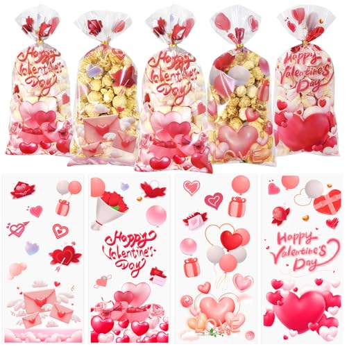 QOIUSO Valentines Goodie Bags, 60Pcs Valentines Treat Bags for Candy Goody Snacks Gifts Packing, Valentines Day Cellophane Bags With 70Pcs Twist Ties for Kids Classroom Party Favors - 4 Lovely Style - color: Valentines-60pcs