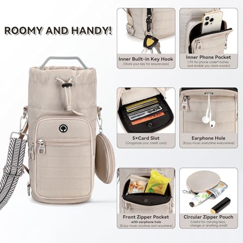 Water Bottle Carrier bag with Strap Phone Pocket for Walking, Hiking, Cycling - color: 2-Khaki, size: 40oz-64oz