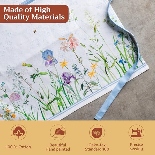 Maison d' Hermine Aprons for women with Pocket 100% Cotton (27.50"x31.50") | Adjustable Neck Strap & long ties Apron Men Chef Wedding Cooking Gardening Server Maid - color: 014 - Fleurs De Mai