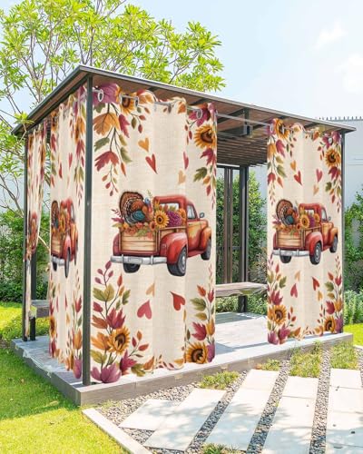 Outdoor Curtain for Patio, Fall Red Truck Waterproof Blackout Curtain for Porch/Pergola, Thanksgiving Sunflower Turkey Maple Leaf Linen Thermal Insulated Drapes for Cabana, 1 Panel, 54 x 108 Inch - size: 54"W x 108"L (Pack of 1)