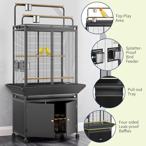 GarveeTech Extra Large Bird Cage with Play Top & Storage Cabinet, 71'' H | Corner Flight Birdcage for Parrot, Budgie, Conure, Cockatiel, Macaw, Big Rolling Bird Aviary