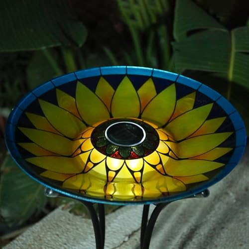 MUMTOP Outdoor Glass Bird Bath Solar Birdbath with Metal Stand Garden Decor | 18" Diameter 21.65" Height Outdoor Bird Baths for Lawn Yard Decor, Solar Large Birdbath Sunflower Bird Feeder - color: Yellow