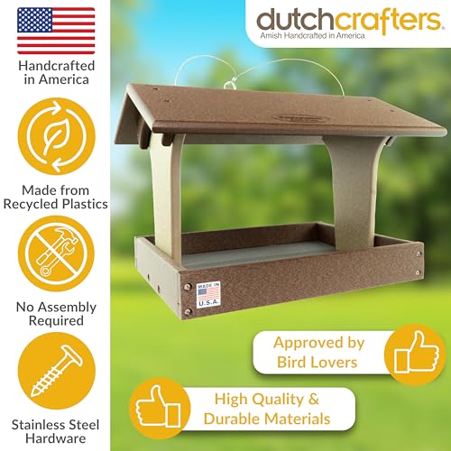 DutchCrafters Plastic Poly Covered Roof Hanging Fly Through Bird Feeder Open Side Platform Seed Tray for Outside Outdoor Garden - Amish American Made in USA (Tudor Brown & Weatherwood) - color: Tudor Brown & Weatherwood