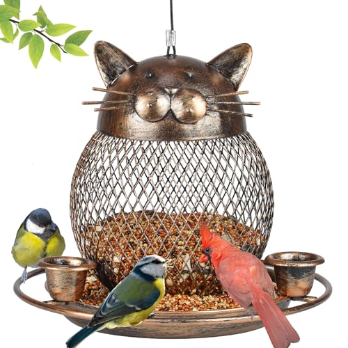 Bird Feeders for Outdoors Hanging, Heavy Duty Cute Cat Bird Feeder | Metal Wild Bird Feeder Equipped with Water Feeding Cups, Finch Sparrow Birdfeeder for Garden Yard Lawn Decor
