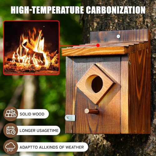 Waterproof Wooden Bluebird House, Weather-Treated Bird Box for Outdoors | Carbonized Wood, 1.5 Inch Entrance Diameter, No Assembly Required Design, Easy to Clean, for Swallows, Finches, Chickadee - color: dark brown