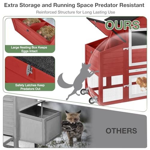 Large Chicken Coop with Wheels, Outdoor Wooden Hen House with Run & Nesting Box, for 3-5 Chickens, Waterproof Asphalt Roof, Leakproof Tray, Expandable Poultry Cage-Red - color: Red (AIR72-R)