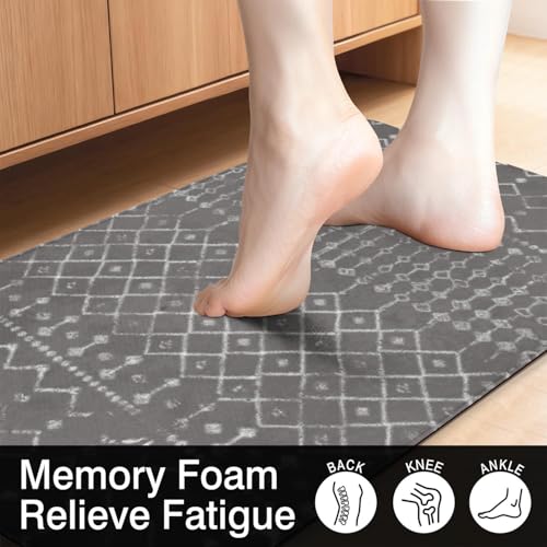 Boho Kitchen Mats for Floor, 2PCs, 17.3"x47"+17.3"x29", Dark Grey | Modern Rustic Farmhouse Decor, Non Slip Anti Fatigue Comfort Washable Waterproof Rugs for Home, Sink, Laundry - color: Dark Grey
