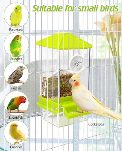 BNOSDM No Mess Automatic Bird Feeder Anti-Splash Bird Feeder Acrylic Transparent Food Container Parrot Cage Accessories for Parakeets Budgies Lovebirds Cockatoos Conures Finches (Green)