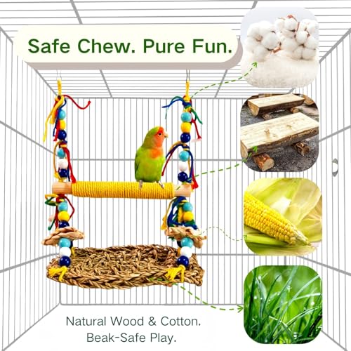 Parakeet Swing Toys Natural Bird Grass Mat,Parrot Swing Perch | Parrot Climbing Hammock With Chew Toys For Cockatiel, Sun Conure, Lovebird, Budgie