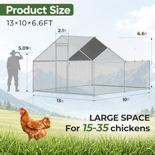 10 x 13 x 6.6 ft Large Chicken Coop, Heavy Duty Galvanized Metal Walk in Chicken Run with Roof Cover and Locking Door, Outdoor Poultry Pen for Chickens Ducks Rabbits - size: 10 x 13 x 6.6 ft