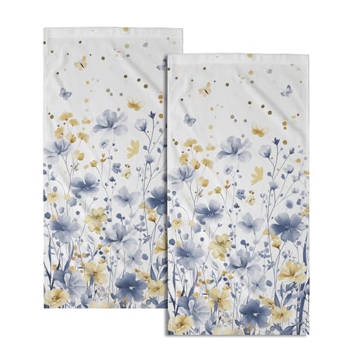 Blue Floral Hand Towels 14x28 Inch Grey Yellow Watercolor Flower Absorbent Microfiber Soft Dish Washing Cloth Face Tea Towel for Home Hotel Gym Laundry Room Kitchen Bathroom Decor - color: Blue Yellow Flowers
