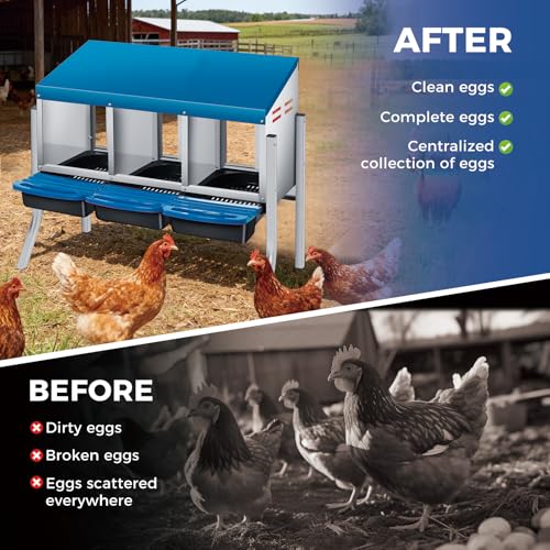 3 Hole Chicken Nesting Boxes, Weatherproof Galvanized Steel Chicken Egg Laying Box with Automatic Rollout Egg Collection, 2-in-1 Handle Perch, Easy Clean & Quick Assemble for Chicken Coop - color: Blue, size: 3 holes with legs