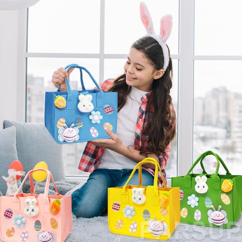 PARSUP 4PCS Easter Egg Hunt Bags Happy Easter Bunny Gift Bags with Handles, Easter Treat Bags, Felt Easter Bags for Gifts Wrapping, Egg Hunt Game, Easter Party Supplies, 12" x7.8" x6.8"