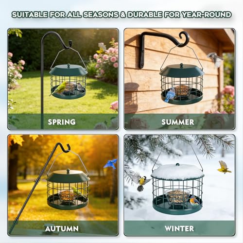 Gbekery Caged Bluebird Feeder for Mealworms with Glass Bowl, Squirrel Proof Bird Feeder for Small Birds Only, Detachable Hook, Large Space, Outdoors Weatherproof, Metal, Green - style: Green Glass Bowl