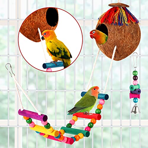 Parakeet Bird Parrot Toys Colorful Swing Chewing Hanging Toys with Bells Climbing Ladder Coconut Bird Cage for Small Cockatiels,Conures,Finches,Budgie,Macaws,Love Birds (PET-ONLY USE)