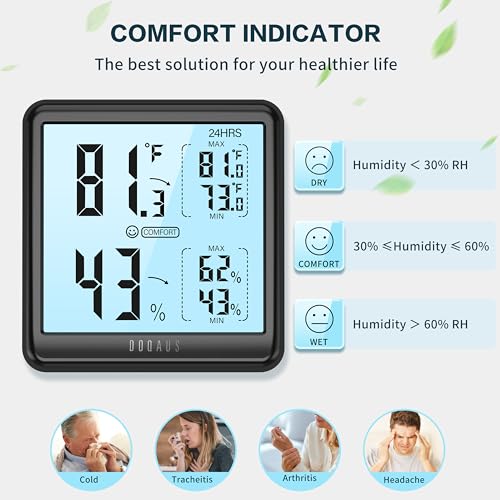 DOQAUS Hygrometer Indoor Thermometer Backlight Humidity Meter Black | 3.05in Large LCD Display, Digital Temperature Humidity Monitor with Max Min Records for Home, Bedroom, Baby Room, Greenhouse