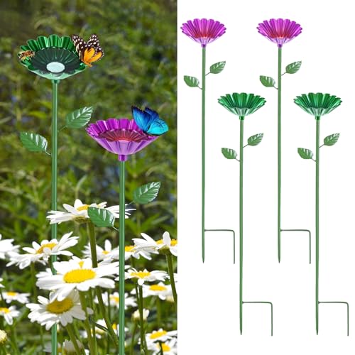 M METERXITY 4-Pack Bee Watering Station, 64cm/25 Inch Iron Bee Bath for Garden Water Feeder, Colorful Butterfly Bath Bowl for Outdoor/Garden/Yard Decor [Rose Red/Green] - color: Magenta, green