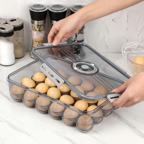 BTSKY Premium Plastic Egg Holder for Fridge - 24 Egg Refrigerator Container, Organizer with Time Reminder and Lid - size: Large-hold 24 eggs