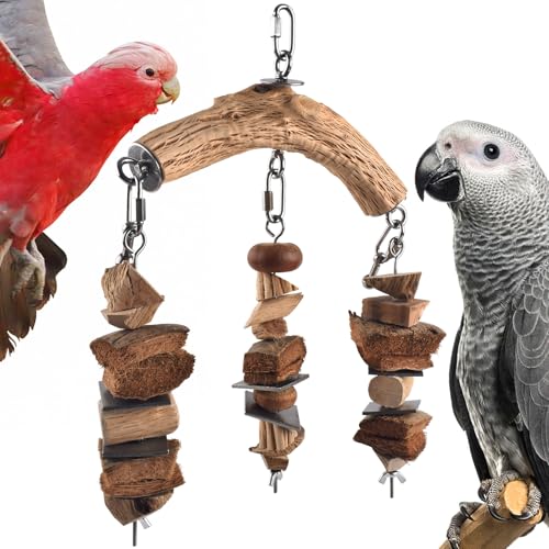 DBNESS Bird Parrot Toys, Hanging Medium Large Birds Wooden Chew Blocks with Stainless Steel Natural Chewing Cage Bite Toy for Juvenile Macaws African Greys Cokatoos Amazon Parrots - style: Triple String