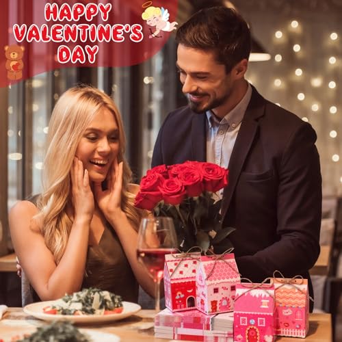 Zhanmai 48 Pcs Valentine's Day Treat Boxes Candy Mini Red Pink Heart House Favor Box Valentine's Day Party Paperboard Gift Boxes for Holiday Party Treat Cookie Goodie Snack Gift Packaging - style: Valentine Day