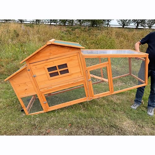 Mobile Chicken Coop with Wheels, Portable Hen House for 4-6 Chickens, Wood Outdoor Poultry Cage with Large Run, Waterproof Asphalt Roof, Side Nesting Box and Easy Clean Slide-Out Tray
