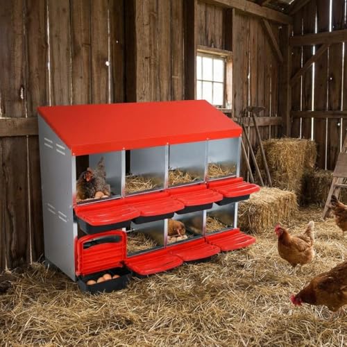 GarveeHome 2-Tier Chicken Nesting Box, 8 Compartment Metal Chicken Laying Boxes with Waterproof Roof ＆ Removable Trays for Hens, Poultry，Easy Egg Collection - color: Red, size: 8 holes