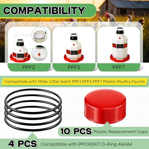 Poultry Fountain Renewal Waterer Part, 10 Replacement Cap,4 O Ring,Red | Compatible with Miller PPF3/PPF5/PPF7,Compatible with Farm-Tuff 3/5/7 Gallon Poultry Founts - color: Red