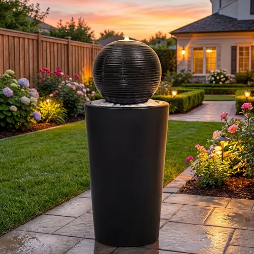 Autodaya 30"H Ceramic Sphere Water Fountain with LED Light for Garden Patio | Modern Minimalist Design, Black Glaze with White Pebbles, Soothing Trickling Water Feature, Artistic Charm, Tranquil Ambiance - color: 30"h Black