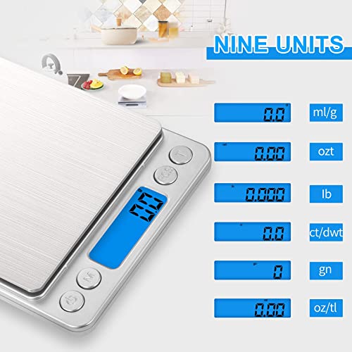 Small Digital Food Scale Ounce/OZ and Gram Scale, Kitchen Scale 3000g/0.1g High Precision for Baking, Soap Making, Jewelry, Includes 2 Trays and Batteries, 9 Units, Tare Function, Easy to Store - color: Silver