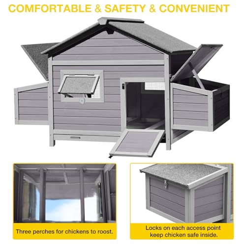Wooden Chicken Coop, Large Hen House with Weather-Resistant Asphalt Roof, Easy to Clean with Removable Metal Tray, Ideal for 3-4 Chickens, Duck, Rabbits & Small Animals - color: Grey, size: 67.3"L x 36.8"W x 40.6"H