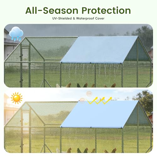 EUNHOO Large Metal Chicken Coop, 13x9.8x6.4ft Walk-in Poultry Enclosure with Peaked Roof and Waterproof Cover, Spacious Outdoor Chicken Run Cage for Backyard,Farm,Yard