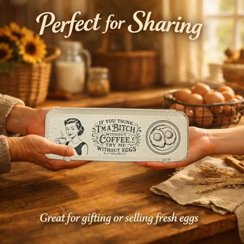 Funny Retro Egg Carton – “Coffee & Eggs” Vintage Humor Design, Holds 12 Eggs, Eco-Friendly Molded Fiber Dozen Carton for Farm Stands & Backyard Chickens - 12 Pack