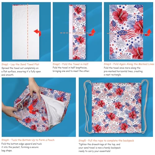 American Flag Beach Towel Bag - Blue Red Flower Microfiber 2 In1 Beach Blanket Drawstring Bag for Holiday Travel - color: American Flag Red