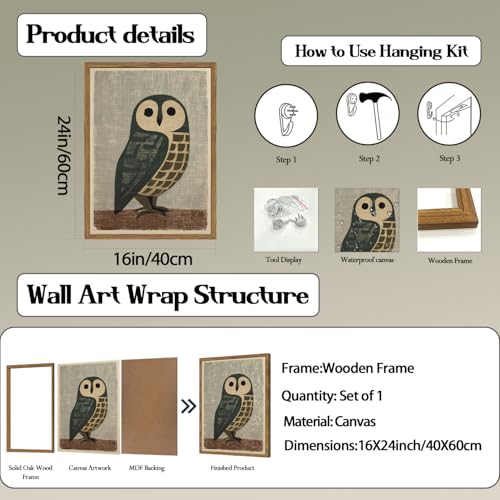 Japanese Owl Wall Art, Vintage Bird Wall Decor Painting Japan Mid Century Wildlife Animal Poster Canvas Prints Picture for Bedroom Living Room Farmhouse 16x24 inch Wood Framed - color: Animal-O, size: 24"L x 16"W