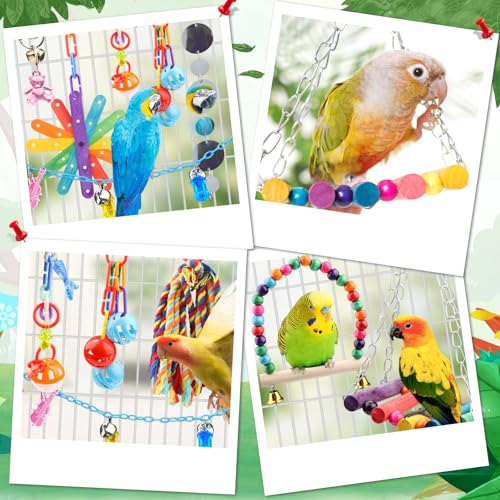 QUOZUO 9 Pcs Parakeet Cockatiel Bird Toys, Parrots Cage Accessories Swing Rope Hanging Wooden Perch Chewing Toy for Budgerigar, Parrot, Cockatiel