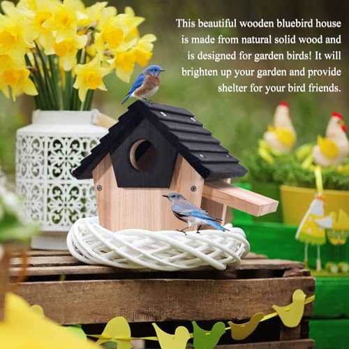Unassembled DIY Wooden Bluebird House Kit with Predator Guard - Hanging Outdoor Wild Bird Nesting Box for Garden, Backyard, Courtyard - Attracts Bluebird, Finch, Cardinal, Wren