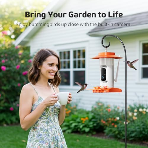 Hummingbird Feeder with Camera Outdoor, Solar Powered Hanging Bird Feeder | Ant Moat & Bee-Proof, AI Bird ID, HD 2K, Instant App Alerts, Auto Capture, Garden Gift for Hummingbird Lover & Mom Dad, 21oz - color: Orange
