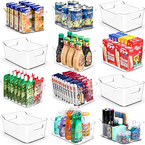 12 PACK Clear Plastic Storage Bins, Kitchen Cabinet Pantry Organizer Bins | Crystal-clear, Thicker, BPA Free, 12 Stickers - Multi-Use Containers for Home, Office, Shelf, Cupboard, Fridge Organization - size: Medium