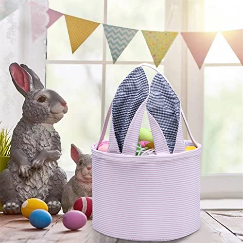 Easter Basket Seersucker Egg Hunt Bunny Baskets for Kids with Cute Rabbit Ears Stripe Storage Gifts Candies Personalized Easter Party Gifts.…… - color: Bspurple0
