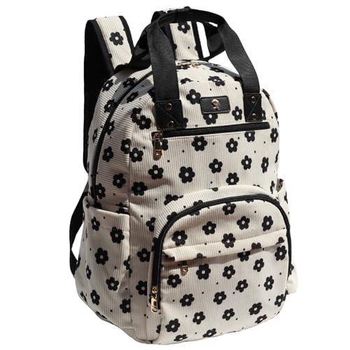 Diaper Bag Backpack Corduroy Multifunction Baby Fashion Travel Pack office Laptop Bag - color: Black White Flower